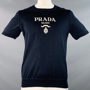 PRADA L Navy White Logo Cashmere Wool Jersey Short Sleeve Crew Neck Pullover